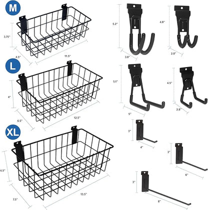 NeatiEase 29 PCS Slatwall Accessories Kit for Garage Rooms Shops Storage, Slat Wall Accessory Includes 3 Pack Slatwall Baskets Set and 26 PCS Multisized Heavy Duty Slatwall Hooks