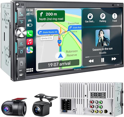 QLED Double Din Car Stereo with Dash Cam & Backup Camera, Wireless Apple CarPlay & Android Auto, Bluetooth, 4.2-Ch 2 Subwoofers Outputs, 7" QLED Touchscreen, MirrorLink, FM/AM Radio