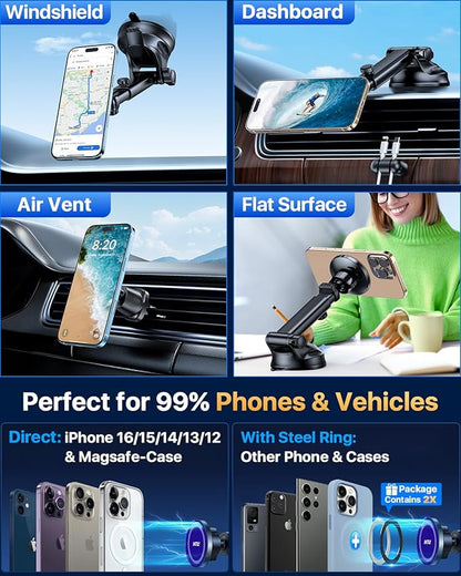 HTU for MagSafe Car Phone Mount Magnetic Phone Holder for Windshield Vent Dashboard Magnetic Suction Phone Mount for iPhone 16/15/14/13/12 & Android (Amparo Blue)