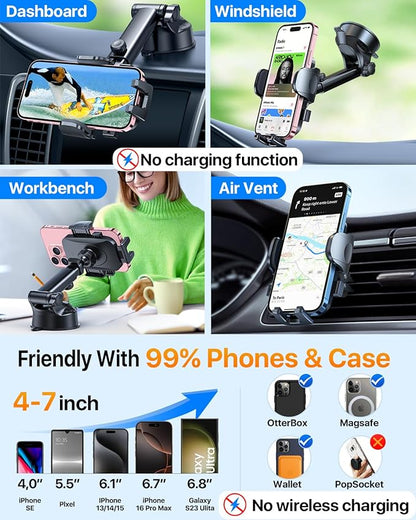 2025 Ultimate Car Phone Holder【80+LBS Strongest Suction & Military-Grade】 Universal Cell Phone Holder Truck Car Mount for Dashboard Windshield Air Vent for iPhone 16 Pro Max 15 Samsung 2pcs,Grey