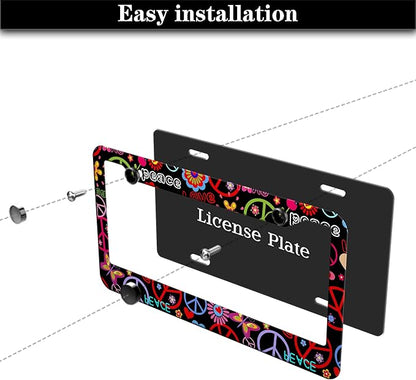 Car License Plate Frame Multicolor License Plate Frames Hippies Peace Flower Aluminum Metal Car Accessory 2 Pack with Screw Covers Set