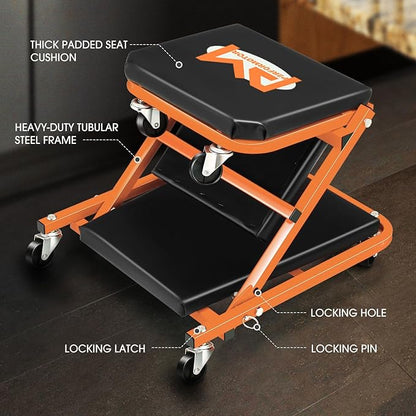 PM PERFORMOTOR 36 Inches Folding 2 in 1 Rolling Z Creeper, Adjustable Roller Garage Chair Lay Down or Sit, 6 Pcs 2" Casters, 150kg Weight Capacity, OrangePM-TOL-CPS36-OG