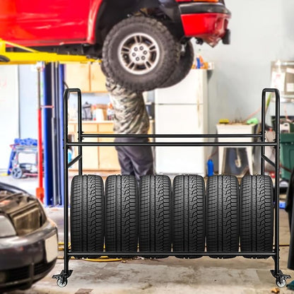 Tire Rack, Adjustable Height Metal Rolling Storage Rack 60" x 59" x 21" for Garage, Warehouse, Indoor Outdoor Use, Holds Firewood & Tires