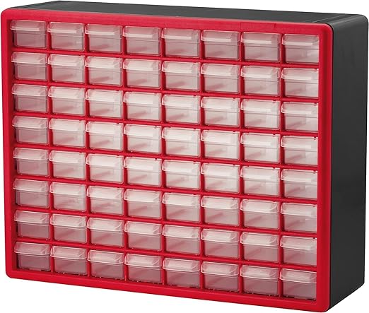 Akro-Mils 64-Drawer Plastic Drawer Storage Cabinet for Garage Organization, Bead Organizer, Building Bricks Storage, Teacher Toolbox, Makeup Organizer, 20-Inch W x 6-Inch D x 16-Inch H, 10164 Red