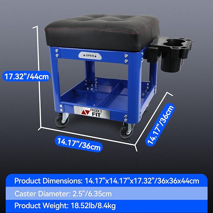 Rolling Creeper Garage Shop Seat for Men, Padded Mechanics Stool with Tool Tray Storage for Garage, Rolling Workshop Stool with Wheels, Auto Creeper Seat, 330 LBS Capacity, Heavy Duty, Blue