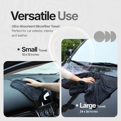 Crystal Clean 1300GSM Microfiber Towels for Cars – XL Drying Towel 2-Pack (24x36 & 12x12) with Double Twisted Loop, Professional Detailing Towel Car Detailers - Quick Dry, Paint Safe & Swirl-Free