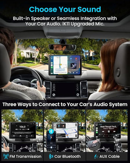 11" Extra Large Wireless Apple CarPlay Screen for Car – Ultra-Slim 0.16 Inch Touchscreen Car Stereo with Android Auto, 4K Dash Cam, 1080p Backup Camera, GPS, Mirror Link, Voice Control