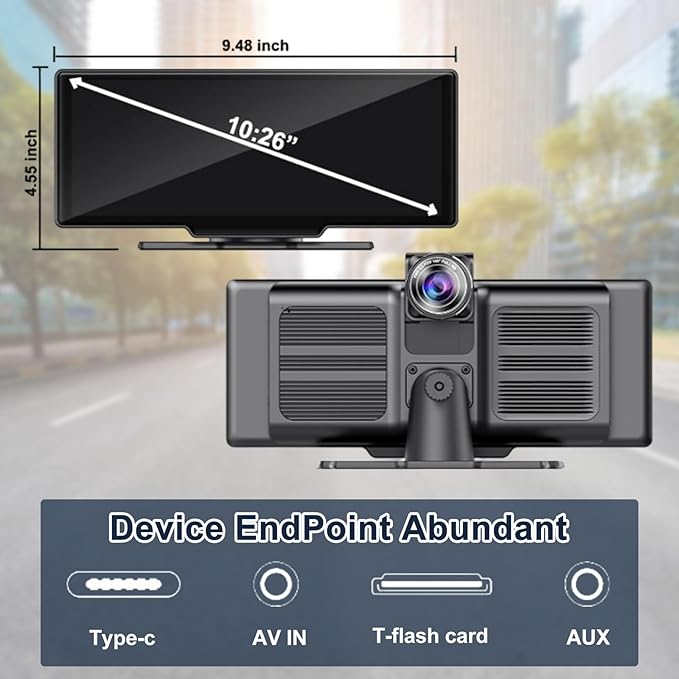 Wireless Car Stereo CarPlay Screen with 4K Dash Cam, 10.26" Apple Carplay & Android Auto Screen with 1080P Backup Camera/GPS Navigation/Mirror Link/Voice Control/Bluetooth
