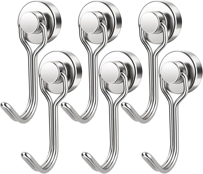 FINDMAG Magnetic Hooks, 30lbs+ Strong Magnetic Hooks for Refrigerator, 2025 Cruise Ship Essentials, Magnet Hooks Heavy Duty for Kitchen, Home, Classroom, Whiteboard, Beach Vacation (6 Pack, Silver)