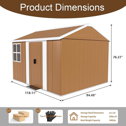 10 x 8 FT Outdoor Storage Shed, Metal Garden Tool Shed with Slooping Roof, Lockable Doors and Windows, All-Weather Weatherproof Blike shed for Garden, Patio, Lawn, Yellow