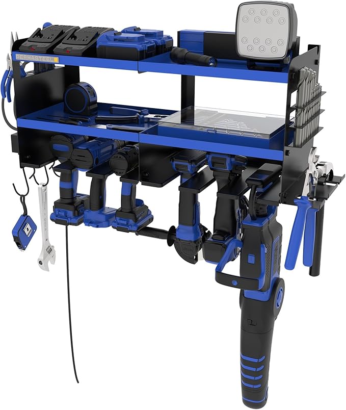 Permasteel Power Tool Organizer Wall Mount - 150 Lbs Load 3-Layer Heavy Duty Metal Storage Rack with Charging Station, Holds 6 Drills, 9 Hand Tools and 16 drill bits for Garage and Workshop, Blue