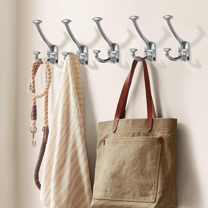 Large Wall Double-Sided Hook 5 Pack Brushed Satin Nickel Hook Decorative Heavy Duty Solid Large Coat Hooks for Towel Hanging Coats Robe Towel Bags Door Back 2 Prong Hooks