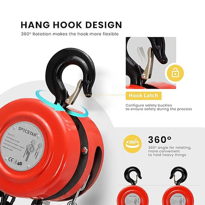SPECSTAR Hand Chain Hoist 2 Ton 4400 Lbs Capacity 10 Feet with 2 Heavy Duty Hooks, Manual Chain Fall for Warehouse Building Automotive Machinery Red