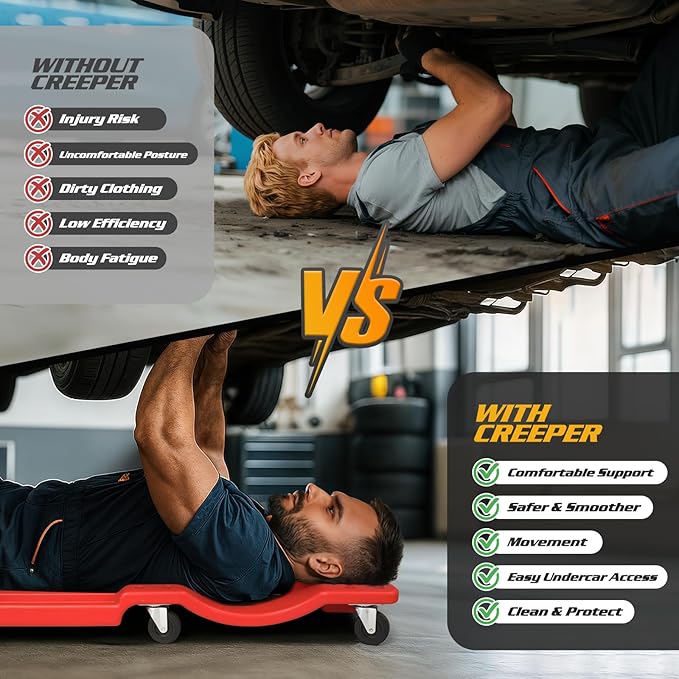 Magshion Automotive Creeper Under Car Roller, 40 Inch Low Profile Creepers with Padded Headrest and Tool Tray, 330 lbs Capacity Portable Floor Creeper for Home Garage Automotive Shop (Red)