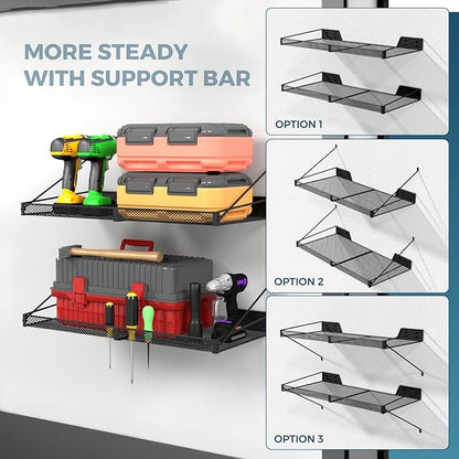 Garage Wall Shelf (2PCS-23.6"x12"x2.2") Steel Wall Shelf Storage Rack-design of TRIANGULAR BRACKET, Wall Mount Heavy Duty Metal Shelves Mesh Storage Rack for Garage, Office, Basement Kitchen, Closet