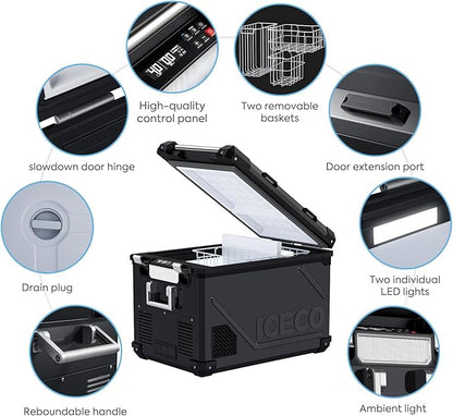 ICECO APL55 Dual Zone Portable Refrigerator Freezer Bluetooth Controlled, 55 Liter 12v refrigerator with SECOP Compressor, DC 12/24V, AC 110-240V, for Truck, Car and Home, -4℉~68℉ (Black)