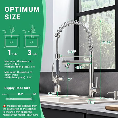 Fapully Commercial Kitchen Faucets with Pull Down Sprayer Brushed Nickel LED Single Handle Faucet for Kitchen Sink, Kitchen Faucet with Soap Dispenser and Deck Plack for 4 Hole