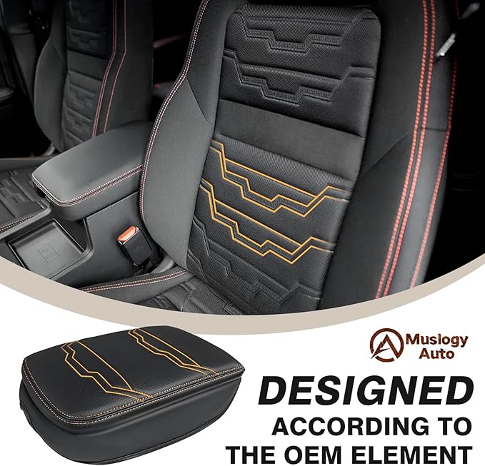 Muslogy for Frontier Center Console Pad Armrest Box Cover Vegan Leather Soft Accessories Armrest Lid Protector Compatible with Nissan Frontier 2022-2024 2025(Extra Thick, V2 Orange Stitching)