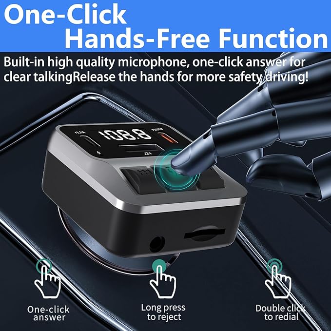 Bluetooth 5.3 FM Transmitter for Car, Bluetooth Car Adapter with Dual Type-C PD(30W) Charger Port and QC3.0 USB Port, Handsfree Calling and Audio Receiver, Support AUX, U Disk, TF Card