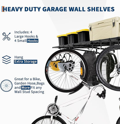 2 Pack Heavy Duty Garage Wall Shelves, 2x4ft Wall Mount Storage Shelf with Hooks, Shelf Warehouse Organization System, Rack Shelving, Holds 200 Lbs Each for Shop, Garage Storage