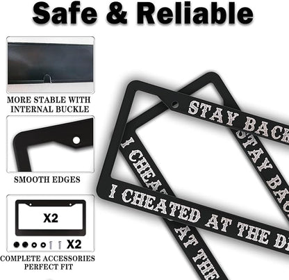 License Plate Frames Black and White License Plate Frame Holder Stay Back I Cheated at The DMV Universal Aluminum Car Accessory 2 Pack with Screw Covers Set