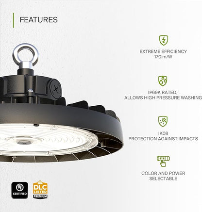 ASD LED High Bay UFO Light Fixture, Commercial Shop Lighting | 3CCT, Dimmable, IP69K Waterproof, DLC Premium, UL Listed | 200W 31900LM 3000-5000K 100-277V | Warehouse, Garage, Workshop Lamp | Black