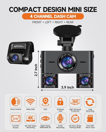 Dash Cam 360°, Dash Camera for Cars Front and Rear Inside, 4 Channel 4K/2K FHD Mini Dashcam, Built-In WiFi, GPS,with 64GB Card, Voice Control, WDR,HDR,Night Vision, 24/7 Parking Mode(Upgraded Version)