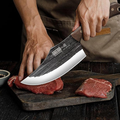 Butcher Knife Set, Hand Forged Butcher Chef Knife Set with Roll Bag, Sharp Meat Cleaver Knife & Bone Chopper Knives & Fillet Knives for Home & Camping & BBQ Gift for Men