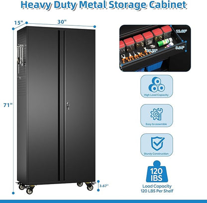 71" Metal Garage Storage Cabinet with 16 Hooks and Pegboards,1 Drawer Inside Rolling Tool Storage Cabinet with Adjustable Shelves,3 Metal Hanging Rod for Garage,Warehouse