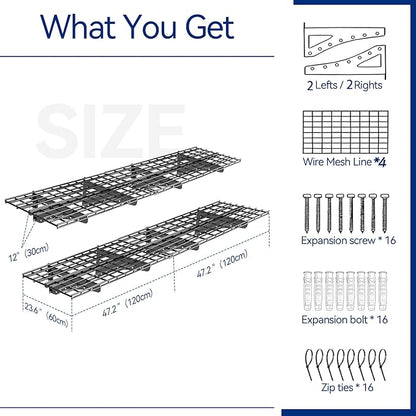 2-Pack Garage Wall Shelving, 2x4ft Walls Shelf Storage Rack, Sturdy Walls Shelves for 550 LBS, Black, Heavy Duty Shelving Wall Mounted for Garage, Warehouse, Storeroom and Basement, 47.2" x 23.6"