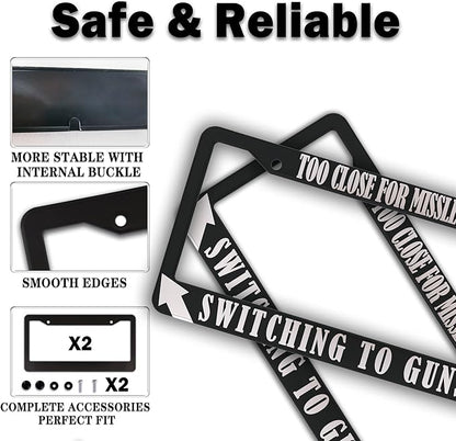 License Plate Frames Black and White License Plate Cover Too Close Missiles Switching to Guns Aluminum Metal Car Accessory 2 Pack with Screw Covers Set