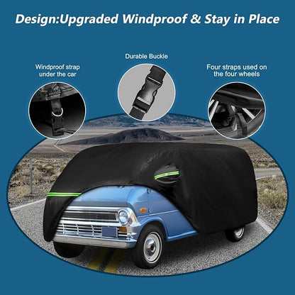 Waterproof Car Covers for 1961-1974 Falcon Club Wagon E-100,Econoline E-100 Van,420D Oxford Cloth Sun Heat Protection Outdoor Full Covers with Driver Side Zipper Windproof Heavy Duty All Weather