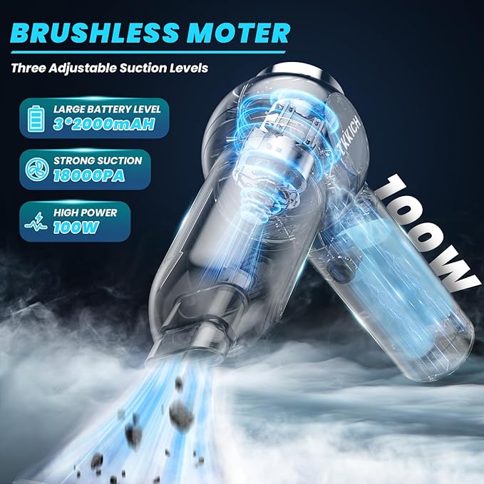 Car Vacuum Portable Cordless,3 Suction Modes,Portable Mini Cordless Cleaner with 18000pa Suction Power,Type-C Charge,7 in 1 mini Handheld Vacuum for Home,Car, Office Desk, Keyboards