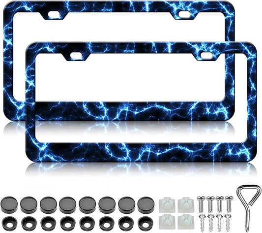Blue Lightning License Plate Frames - 2 Pack Cool Thunder Stainless Steel License Plate Holder,Rust-Proof Waterproof Car Decorative Tag Frame with Screws Fasteners Caps
