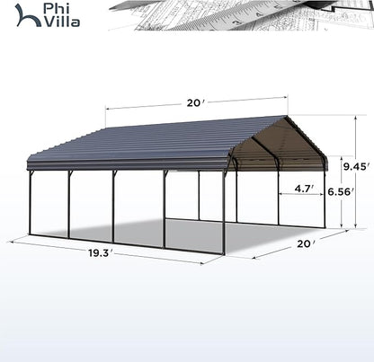 PHI VILLA 2 car Metal Carports 20 x 20 ft Carport with Galvanized Steel Roof, Sturdy Heavy Duty Metal Carport for Cars, Boats, and Tractors