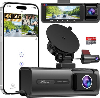 3 Channel 5G WiFi Dash Cam, 4K+1080P+1080P Dash Cam Front and Rear Inside with 64GB Card, 3.16” IPS Screen, G-Sensor, Loop Recording, Parking Monitor, 170° Wide Angle, IR Night Vision, WDR, Black