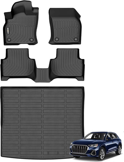 GINOWY-Floor Mats & Cargo Liner for Audi Q3 2018-2025, TPE All Weather Q3 Car Floor Mats Non-Slip Trunk Mat Floor Liners 2024 Waterproof Custom Fit Accessories Mats Black