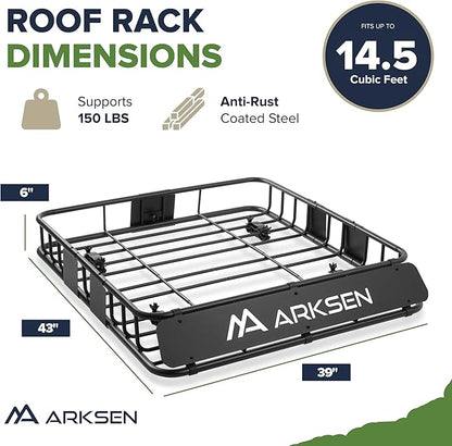 ARKSEN 43 x 39 x 6 Inch Universal 150LB Heavy Duty Roof Rack Cargo with Extension Car Top Luggage Holder Carrier Basket for SUV, Truck, & Car Steel Construction