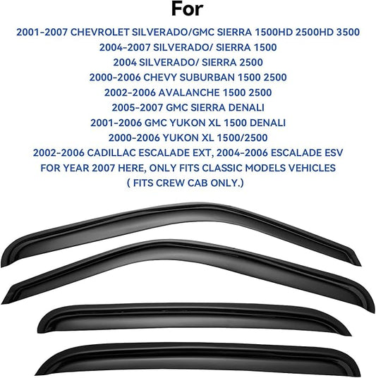 Window Visors Rain Guards for 2001-2007 Chevy Silverado/GMC Sierra, Window Vent Wind Deflectors Visors Shades for 2000-2006 Suburban/Yukon XL, 2002-2006 Avalanche/Cadillac Escalade - Crew Cab