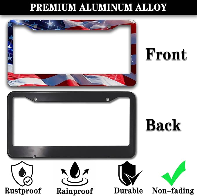 License Plate Frames for Men Multicolor Car Plate Frame for Women American Flag Aluminum Metal Car Accessory 2 Pack with Screw Covers Set