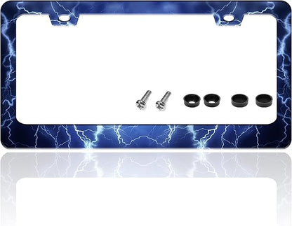 Blue Lightning License Plate Frame Funny Thunder License Plate Holder for Front or Rear Car Tags Reusable Durable Stainless Steel Car Decoration with Screws 6.3 X 12.2 Inch for Men Women