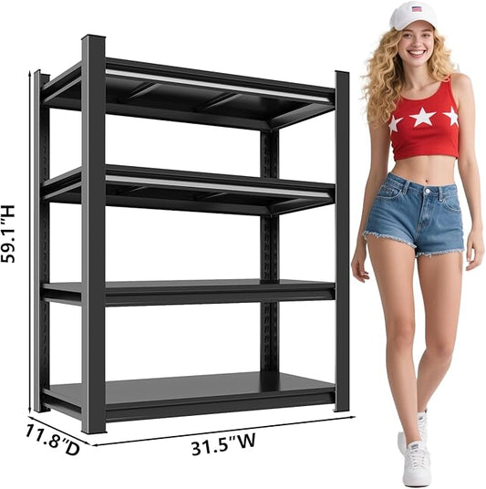 Metal Storage Rack Tier Height Free Adjustable Garage Tool Rack Load Capacity 3000lbs Industrial Storage Rack,Black,Garage,Kitchen,Bedroom,Garden (4-Tier59.1"H*31.5"W*11.8"D)