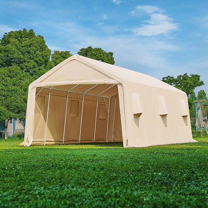 ADVANCE OUTDOOR 13x20 ft Carport 2 Roll up Doors & Vents Outdoor Portable Storage Shelter Garage Tent for Vehicle Boat Truck Anti-UV Snow Resistant Waterproof, Beige