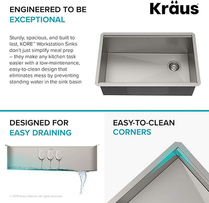 KRAUS Kore Workstation 30-inch Undermount 16 Gauge Stainless Kitchen Sink, Single Bowl Kitchen Sink with 1 HP Garbage Disposal,KWU110-30-100-100MB