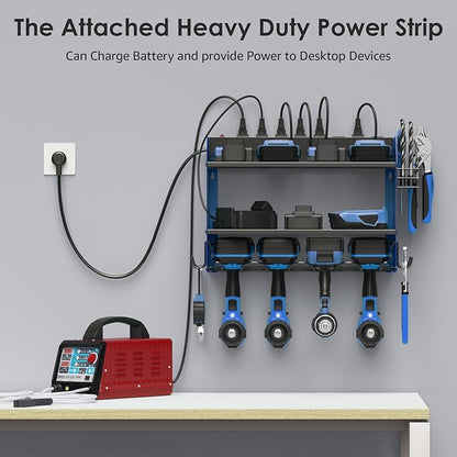 CCCEI Set Power Tool Organizer Wall Mount with Charging Station. Garage 4 Drill Storage Shelf with Hooks, Heavy Duty Metal Tool Battery Charger Organizer. Shop Utility Rack with Power Strip Blue.