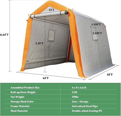 AMERLIFE 6x8x6.6 FT Heavy Duty Portable Shed Storage Shelter, Outdoor Storage Shed with 2 Waterproof Windows & Roll-Up Zipper Door, Carport for Motorcycle, Bike, Grey