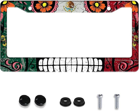 Personalized License Plate Frame Stainless Steel Mexico Flag Skull Funny Car License Plate Accessory Decorative 2 Holes and Screws Fits Us Standard License Plates Size: 12.2 X 6.3 Inch for Men Women