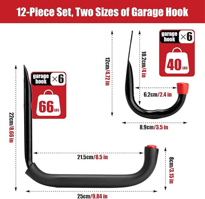 Sinoer 12 Pack Garage Hooks，9.8" & 3.5" Utility Storage Hook with EVA Pads，Metal Wall Hangers for Bike, Extension Cord,Folding Chairs Backpack Bag and Hanging Ladders