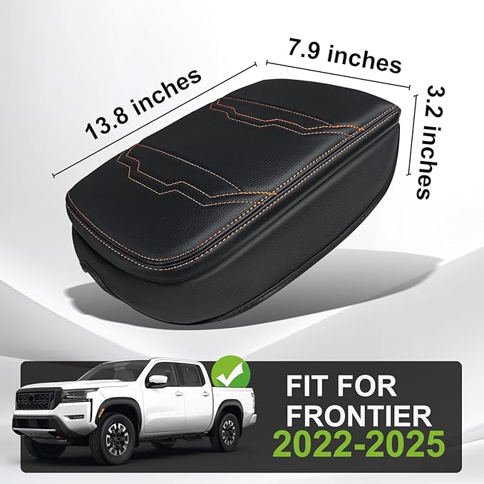 Muslogy for Frontier Center Console Pad Armrest Box Cover Vegan Leather Soft Accessories Armrest Lid Protector Compatible with Nissan Frontier 2022-2024 2025(Extra Thick, V2 Orange Stitching)