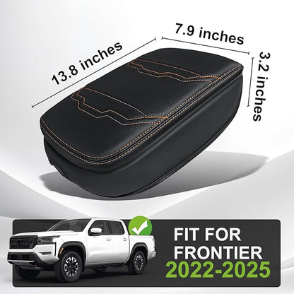 Muslogy for Frontier Center Console Pad Armrest Box Cover Vegan Leather Soft Accessories Armrest Lid Protector Compatible with Nissan Frontier 2022-2024 2025(Extra Thick, V2 Orange Stitching)